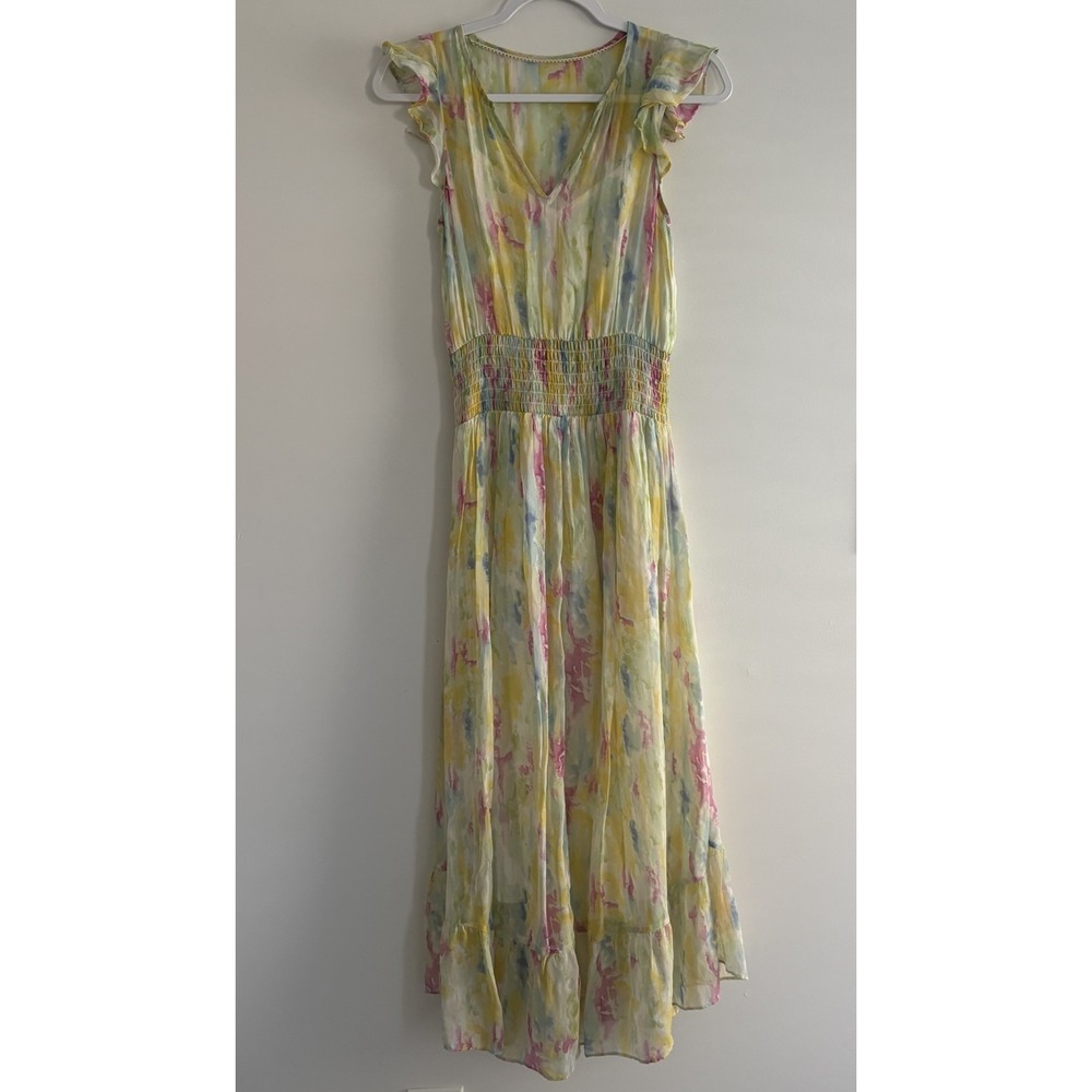 Anthropologie Dress Women 0 Watercolor Smocked Waist Flounce Hem Split Neck Maxi
